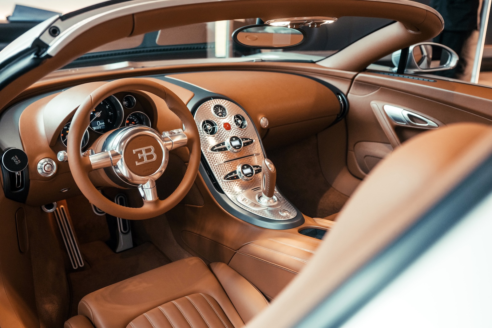 Bugatti Veyron interior showing the center console, gauges, and high-end materials