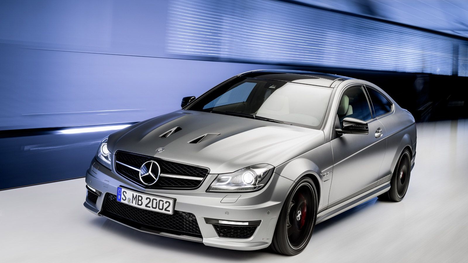 3/4 front shot of a C63 AMG Edition 507 with distinctive hood and aggressive front styling