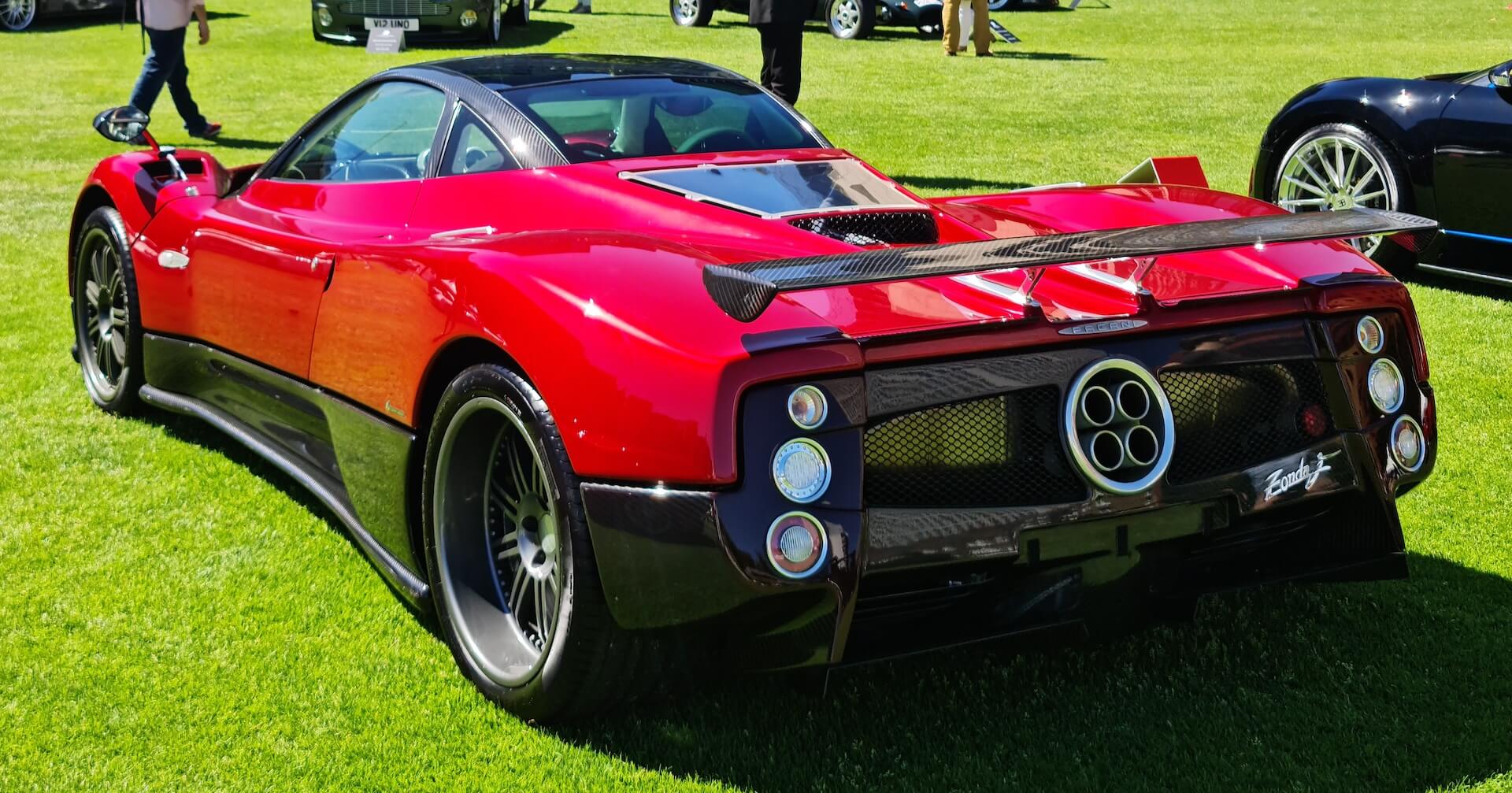 Rear view of a Pagani Zonda highlighting the centered quad exhaust and four round taillights